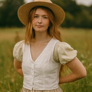 Vintage Laura Ashley 100% Linen Buttoned Vest waistcoat Top white Sz XL